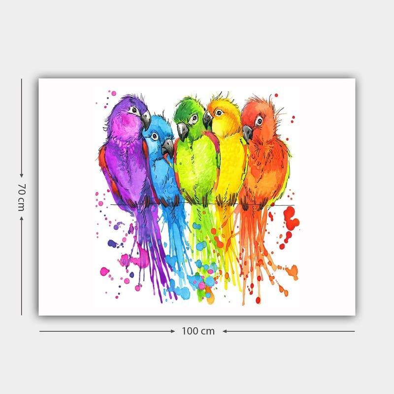 Lerretsbilde 70x100 cm - Fem fargerike papegøyer på rad - Lilla / Grønn / Oransje - Interiør - Maleri & posters - Lerretsbilder