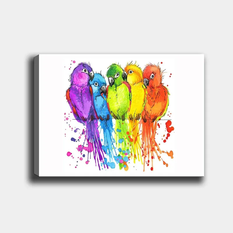 Lerretsbilde 70x100 cm - Fem fargerike papegøyer på rad, Lilla / Grønn / Oransje