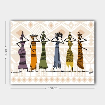 Lerretsbilde 70x100 cm - Fem kvinner i tradisjonelle klær som bærer gjenstander på hodet - Lilla / Oransje / Grønn - Interiør - Maleri & posters - Lerretsbilder