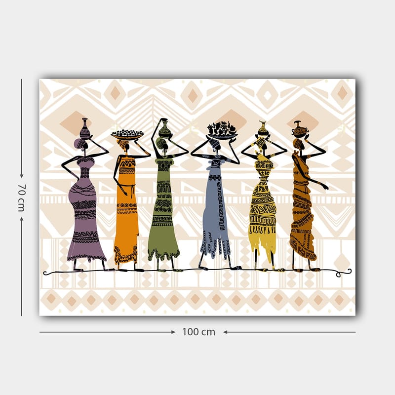 Lerretsbilde 70x100 cm - Fem kvinner i tradisjonelle klær som bærer gjenstander på hodet - Lilla / Oransje / Grønn - Interiør - Maleri & posters - Lerretsbilder