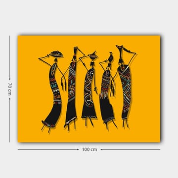 Lerretsbilde 70x100 cm - Fem stiliserte kvinner i tradisjonelle klær som bærer gjenstander på hodet - Svart / Gul / Rød - Interiør - Maleri & posters - Lerretsbilder
