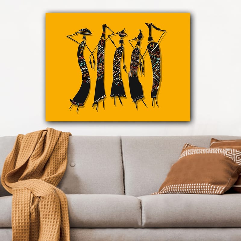 Lerretsbilde 70x100 cm - Fem stiliserte kvinner i tradisjonelle klær som bærer gjenstander på hodet - Svart / Gul / Rød - Interiør - Maleri & posters - Lerretsbilder