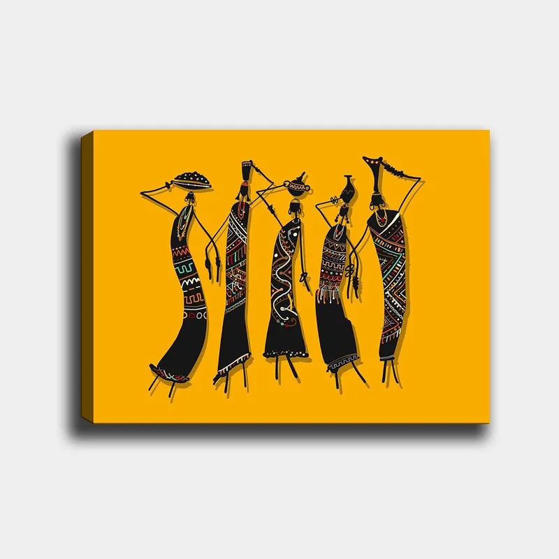 Lerretsbilde 70x100 cm - Fem stiliserte kvinner i tradisjonelle klær som bærer gjenstander på hodet, Svart / Gul / Rød
