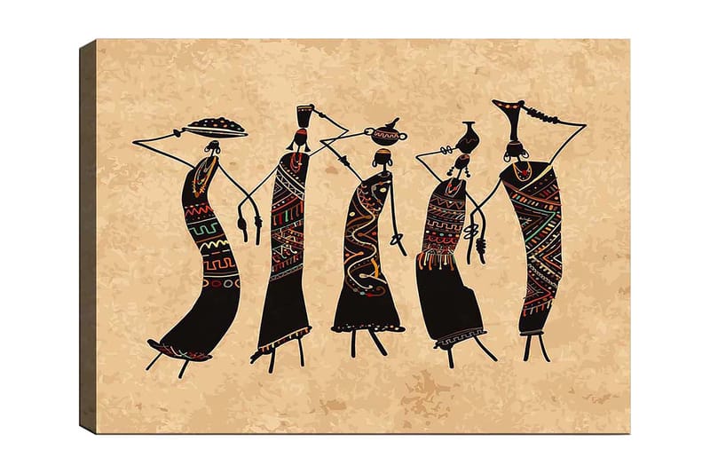 Lerretsbilde 70x100 cm - Fem stiliserte kvinner som danser med tradisjonelle klær og tilbehør, Svart / Rød / Grønn