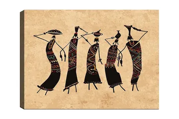 Lerretsbilde 70x100 cm - Fem stiliserte kvinner som danser med tradisjonelle klær og tilbehør - Svart / Rød / Grønn - Interiør - Maleri & posters - Lerretsbilder