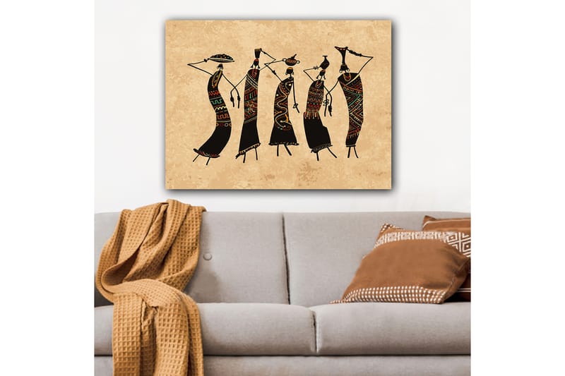 Lerretsbilde 70x100 cm - Fem stiliserte kvinner som danser med tradisjonelle klær og tilbehør - Svart / Rød / Grønn - Interiør - Maleri & posters - Lerretsbilder