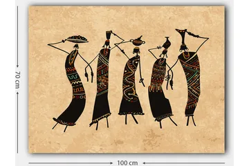 Lerretsbilde 70x100 cm - Fem stiliserte kvinner som danser med tradisjonelle klær og tilbehør - Svart / Rød / Grønn - Interiør - Maleri & posters - Lerretsbilder