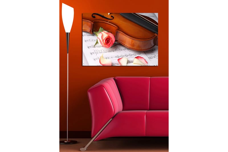 Lerretsbilde 70x100 cm - Fiolin med rose og roseblader på et noterark - Rød / Beige / Brun - Interiør - Maleri & posters - Lerretsbilder