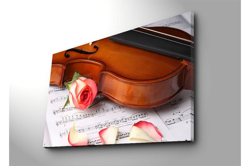 Lerretsbilde 70x100 cm - Fiolin med rose og roseblader på et noterark - Rød / Beige / Brun - Interiør - Maleri & posters - Lerretsbilder