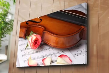 Lerretsbilde 70x100 cm - Fiolin med rose og roseblader på et noterark - Rød / Beige / Brun - Interiør - Maleri & posters - Lerretsbilder