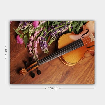 Lerretsbilde 70x100 cm - Fiolin omgitt av fargerike blomster - Lilla / Rosa / Brun - Interiør - Maleri & posters - Lerretsbilder