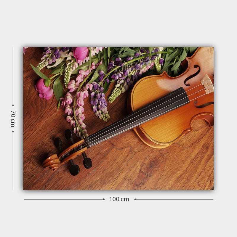 Lerretsbilde 70x100 cm - Fiolin omgitt av fargerike blomster - Lilla / Rosa / Brun - Interiør - Maleri & posters - Lerretsbilder