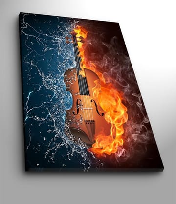 Lerretsbilde 70x100 cm - Fiolin omgitt av ild og vann, som symboliserer kontrasten mellom elementene - Oransje / Blå / Brun - Interiør - Maleri & posters - Lerretsbilder