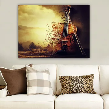Lerretsbilde 70x100 cm - Fiolin som delvis oppløses i et drømmeaktig landskap - Gull / Brun / Svart - Interiør - Maleri & posters - Lerretsbilder