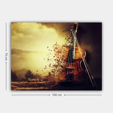 Lerretsbilde 70x100 cm - Fiolin som delvis oppløses i et drømmeaktig landskap - Gull / Brun / Svart - Interiør - Maleri & posters - Lerretsbilder