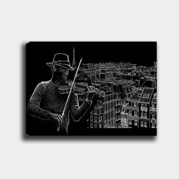 Lerretsbilde 70x100 cm - Fiolinist spiller musikk mot en bysilhuett med Eiffeltårnet i bakgrunnen - Svart / Hvit - Interiør - Maleri & posters - Lerretsbilder