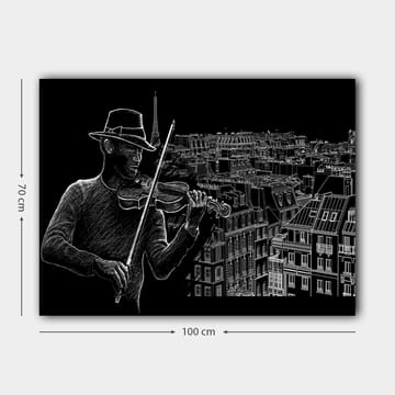 Lerretsbilde 70x100 cm - Fiolinist spiller musikk mot en bysilhuett med Eiffeltårnet i bakgrunnen - Svart / Hvit - Interiør - Maleri & posters - Lerretsbilder