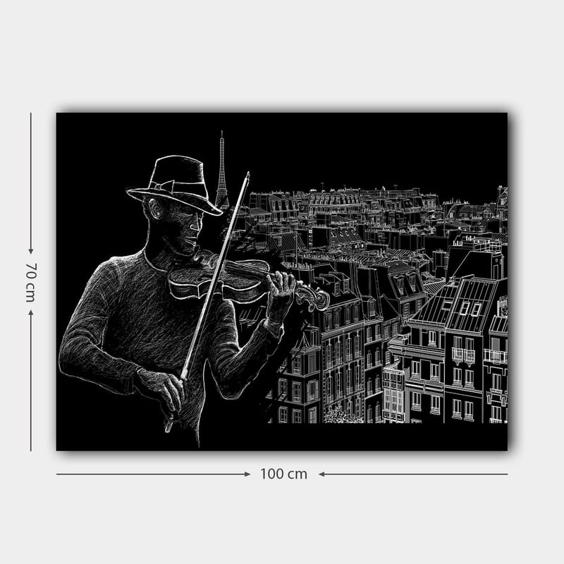 Lerretsbilde 70x100 cm - Fiolinist spiller musikk mot en bysilhuett med Eiffeltårnet i bakgrunnen - Svart / Hvit - Interiør - Maleri & posters - Lerretsbilder