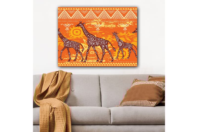 Lerretsbilde 70x100 cm - Fire sjiraffer i et fargerikt og stilisert design - Oransje / Brun / Hvit - Interiør - Maleri & posters - Lerretsbilder