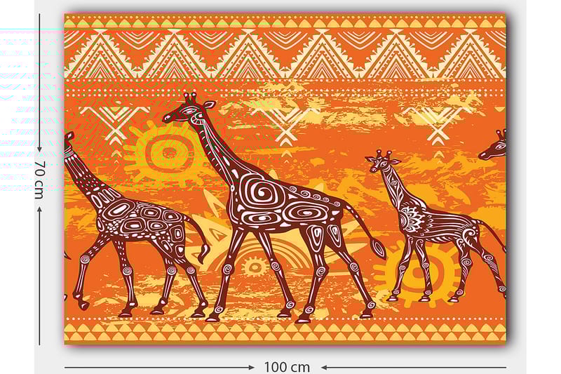 Lerretsbilde 70x100 cm - Fire sjiraffer i et fargerikt og stilisert design - Oransje / Brun / Hvit - Interiør - Maleri & posters - Lerretsbilder