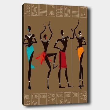 Lerretsbilde 70x100 cm - Fire stiliserte kvinner i tradisjonelle klær som representerer forskjellige elementer - Mørk brun / Turkis / Rød - Interiør - Maleri & posters - Lerretsbilder