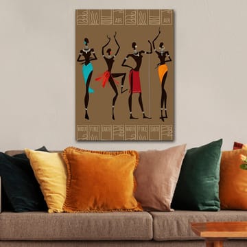 Lerretsbilde 70x100 cm - Fire stiliserte kvinner i tradisjonelle klær som representerer forskjellige elementer - Mørk brun / Turkis / Rød - Interiør - Maleri & posters - Lerretsbilder