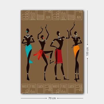 Lerretsbilde 70x100 cm - Fire stiliserte kvinner i tradisjonelle klær som representerer forskjellige elementer - Mørk brun / Turkis / Rød - Interiør - Maleri & posters - Lerretsbilder