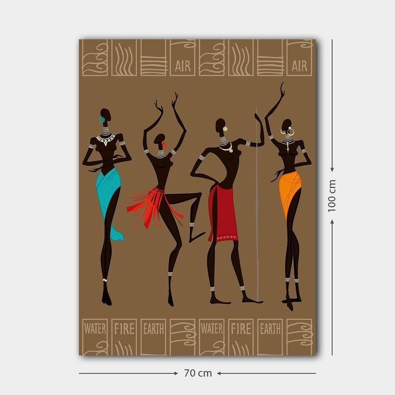 Lerretsbilde 70x100 cm - Fire stiliserte kvinner i tradisjonelle klær som representerer forskjellige elementer - Mørk brun / Turkis / Rød - Interiør - Maleri & posters - Lerretsbilder