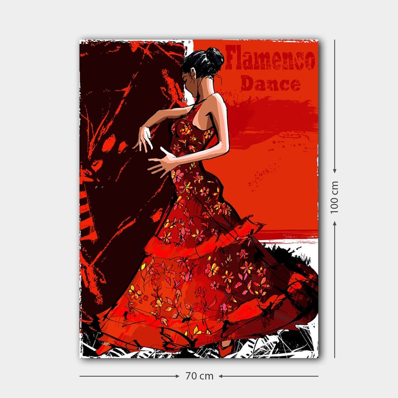 Lerretsbilde 70x100 cm - Flamencodanser i en rød kjole som uttrykker bevegelse og lidenskap - Rød / Mørk rød / Svart - Interiør - Maleri & posters - Lerretsbilder