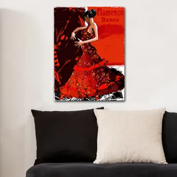 Lerretsbilde 70x100 cm - Flamencodanser i en rød kjole som uttrykker bevegelse og lidenskap - Rød / Mørk rød / Svart - Interiør - Maleri & posters - Lerretsbilder
