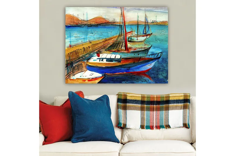 Lerretsbilde 70x100 cm - Flere fargerike båter i en havn med vakker havutsikt, Blå / Rød / Beige