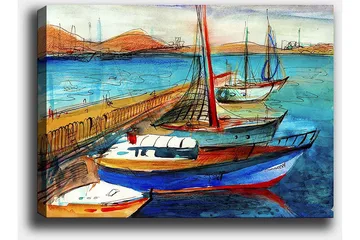 Lerretsbilde 70x100 cm - Flere fargerike båter i en havn med vakker havutsikt - Blå / Rød / Beige - Interiør - Maleri & posters - Lerretsbilder