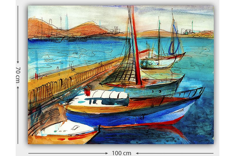 Lerretsbilde 70x100 cm - Flere fargerike båter i en havn med vakker havutsikt - Blå / Rød / Beige - Interiør - Maleri & posters - Lerretsbilder