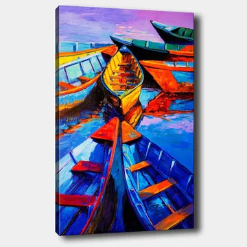 Lerretsbilde 70x100 cm - Flere fargerike båter som ligger i en gruppe på vannoverflaten - Blå / Oransje / Gul - Interiør - Maleri & posters - Lerretsbilder