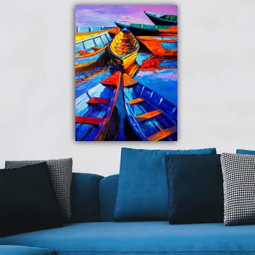 Lerretsbilde 70x100 cm - Flere fargerike båter som ligger i en gruppe på vannoverflaten - Blå / Oransje / Gul - Interiør - Maleri & posters - Lerretsbilder