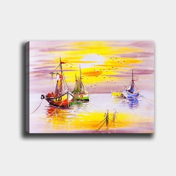 Lerretsbilde 70x100 cm - Flere fargerike båter som ligger stille i en solrik havn - Gul / Grønn / Rød - Interiør - Maleri & posters - Lerretsbilder