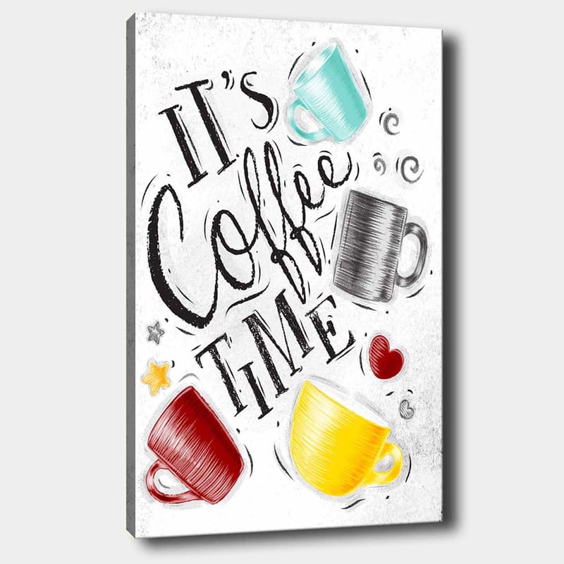 Lerretsbilde 70x100 cm - Flere fargerike kaffekopper med teksten It's Coffee Time, Turkis / Rød / Gul