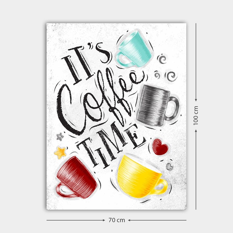 Lerretsbilde 70x100 cm - Flere fargerike kaffekopper med teksten It's Coffee Time - Turkis / Rød / Gul - Interiør - Maleri & posters - Lerretsbilder
