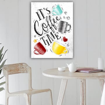 Lerretsbilde 70x100 cm - Flere fargerike kaffekopper med teksten It's Coffee Time - Turkis / Rød / Gul - Interiør - Maleri & posters - Lerretsbilder