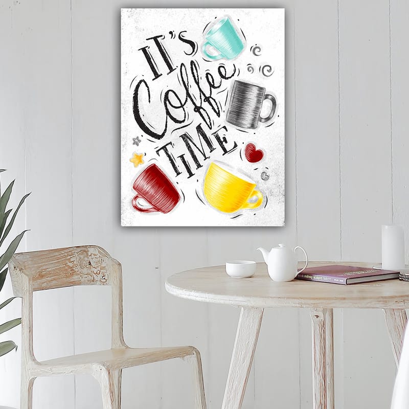 Lerretsbilde 70x100 cm - Flere fargerike kaffekopper med teksten It's Coffee Time - Turkis / Rød / Gul - Interiør - Maleri & posters - Lerretsbilder