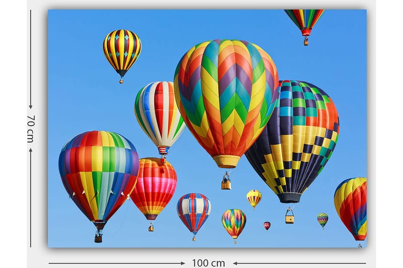 Lerretsbilde 70x100 cm - Flere fargerike varmluftsballonger som svever på en klar blå himmel - Rød / Grønn / Gul - Interiør - Maleri & posters - Lerretsbilder