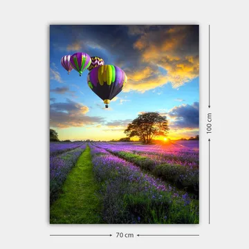 Lerretsbilde 70x100 cm - Flere fargerike varmluftsballonger svever over et lavendelfelt i solnedgangens lys - Lilla / Grønn / Svart - Interiør - Maleri & posters - Lerretsbilder