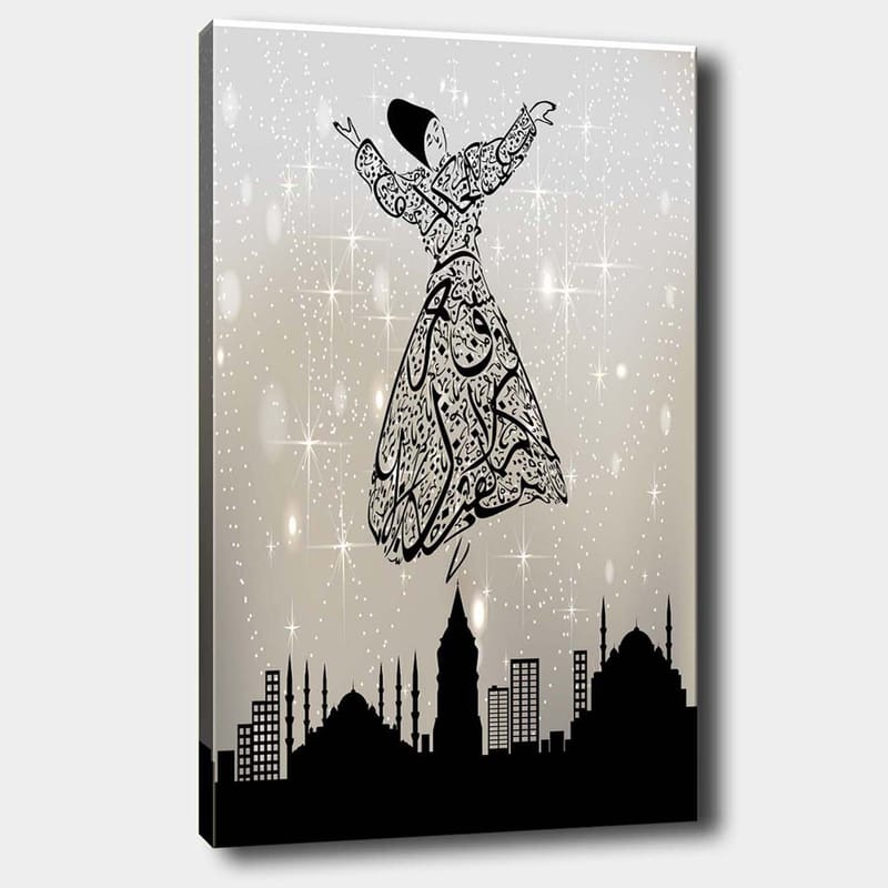 Lerretsbilde 70x100 cm - Flytende dansere i tradisjonelle klær, omgitt av en bysilhuett, Svart / Hvit / Grå