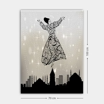 Lerretsbilde 70x100 cm - Flytende dansere i tradisjonelle klær, omgitt av en bysilhuett - Svart / Hvit / Grå - Interiør - Maleri & posters - Lerretsbilder