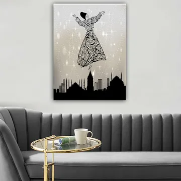 Lerretsbilde 70x100 cm - Flytende dansere i tradisjonelle klær, omgitt av en bysilhuett - Svart / Hvit / Grå - Interiør - Maleri & posters - Lerretsbilder