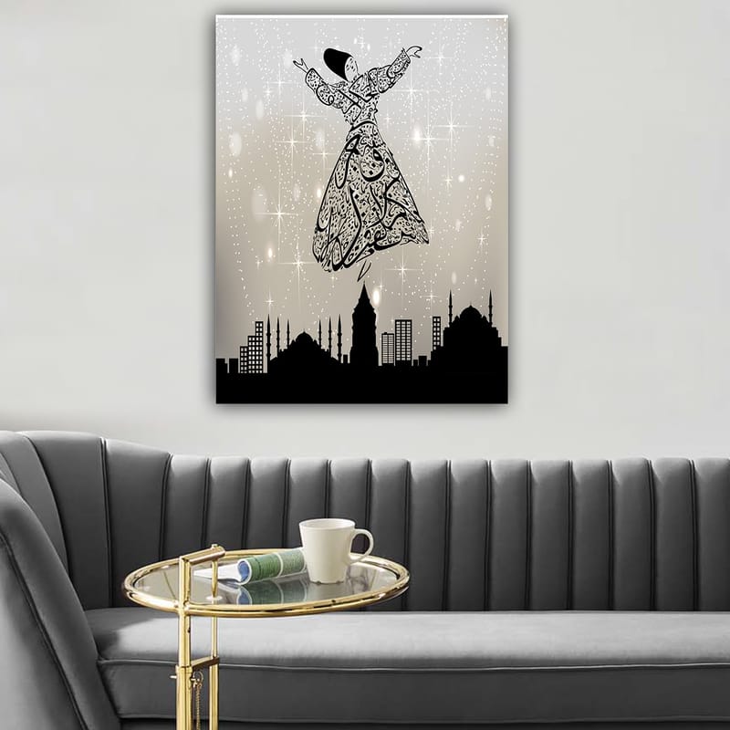 Lerretsbilde 70x100 cm - Flytende dansere i tradisjonelle klær, omgitt av en bysilhuett - Svart / Hvit / Grå - Interiør - Maleri & posters - Lerretsbilder