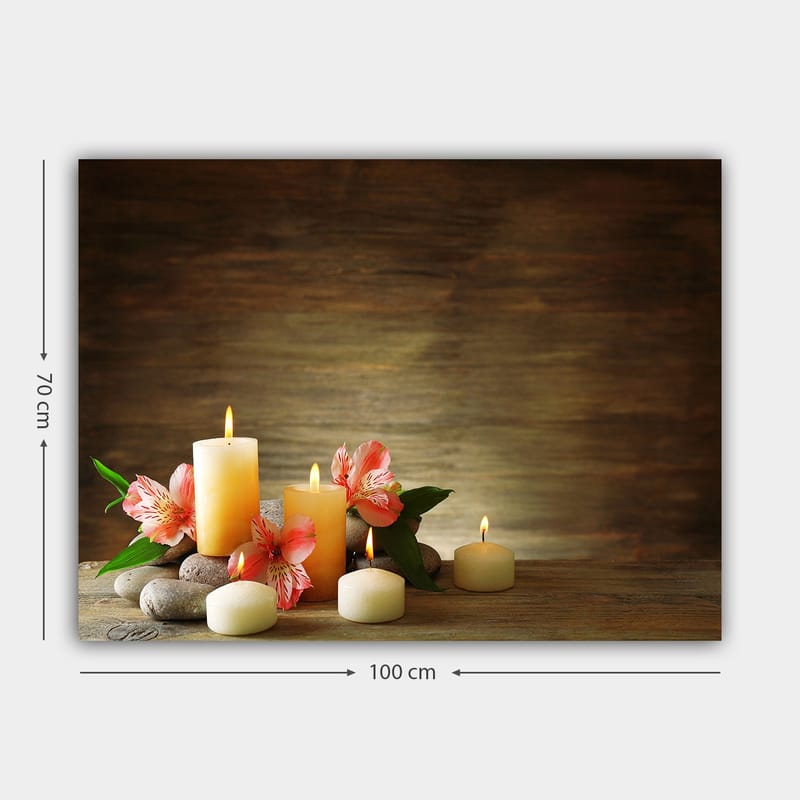 Lerretsbilde 70x100 cm - Fredelig komposisjon av skinnende lys og rosa blomster på steiner - Lys gul / Rosa / Grønn - Interiør - Maleri & posters - Lerretsbilder