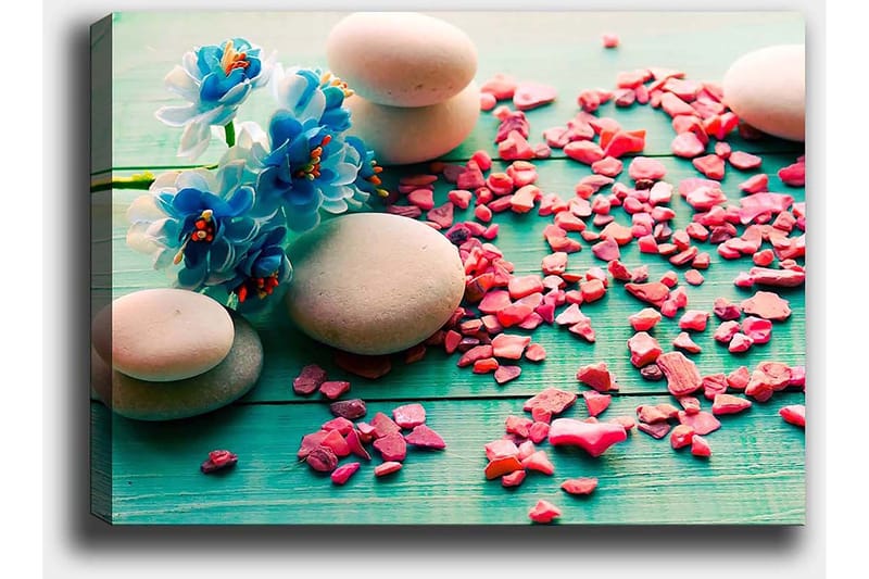 Lerretsbilde 70x100 cm - Fredelig komposisjon med steiner og blå blomster på grønn bakgrunn - Blå / Rosa / Grønn - Interiør - Maleri & posters - Lerretsbilder