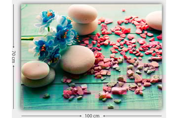 Lerretsbilde 70x100 cm - Fredelig komposisjon med steiner og blå blomster på grønn bakgrunn - Blå / Rosa / Grønn - Interiør - Maleri & posters - Lerretsbilder