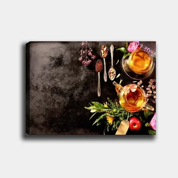 Lerretsbilde 70x100 cm - Fredelig komposisjon med te, krydder og blomster som skaper en innbydende atmosfære - Gull / Grønn / Rosa - Interiør - Maleri & posters - Lerretsbilder